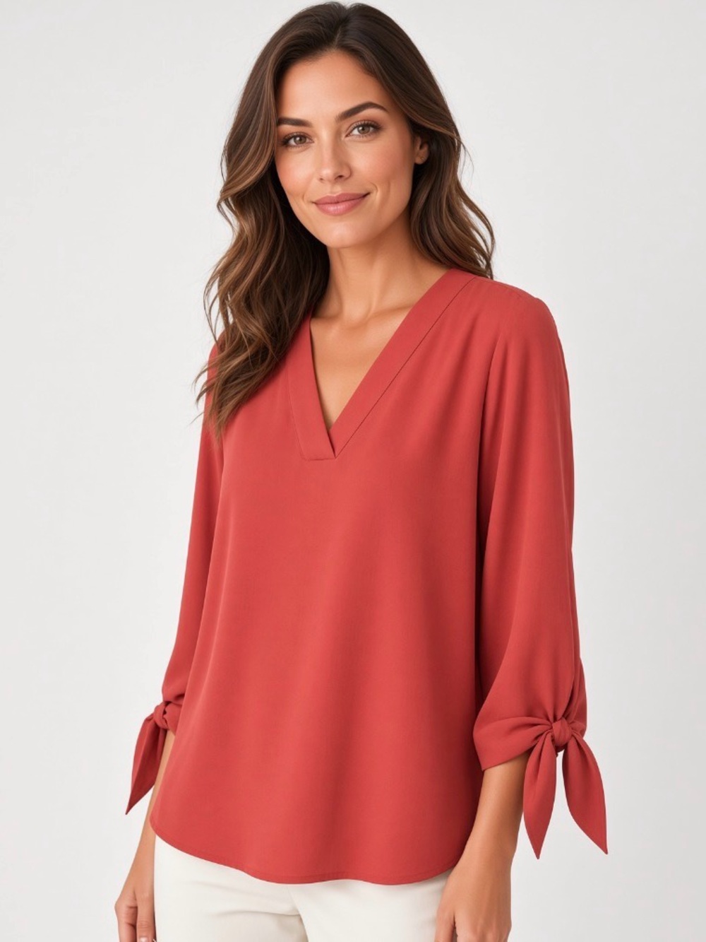 Alfani Coral V-Neck Blouse – Size S – 3/4 Tie Sleeve
